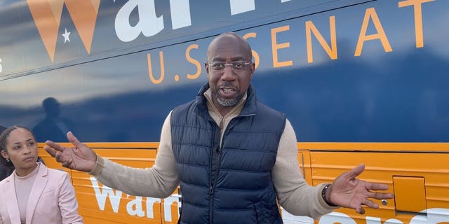 Sen. Raphael Warnock, D-Ga., speaks with Fox News Digital following a campaign rally in Tifton, Georgia, on November 29, 2022.