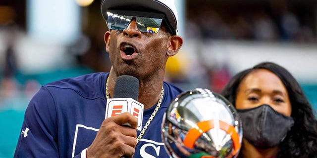 Jackson State head coach Deion Sanders speaks to media and fans after defeating Florida A&amp;M 7-6 during the Orange Blossom Classic at Hard Rock Stadium on Sept. 5, 2022, in Miami Gardens, Fla.