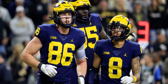 Luke Schoonmaker #86 of the Michigan Wolverines reacts after scoring a touchdown in the Big Ten Championship game against the Purdue Boilermakers during the first half at Lucas Oil Stadium on Dec. 03, 2022 in Indianapolis, Ind.