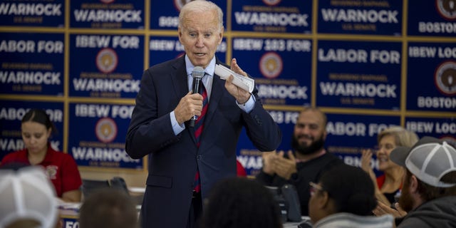 President Joe Biden speaks to volunteers at an International Brotherhood of Electrical Workers (IBEW) phone banking event on Dec. 2, 2022, in Boston, Massachusetts.