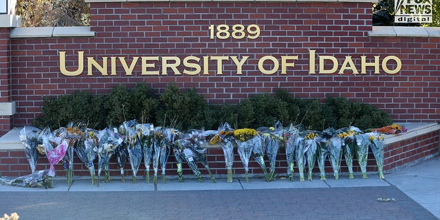 Flowers at an improvised memorial at the University of Idaho in Moscow, Idaho, Nov. 21, 2022, for four of its students who were slain on Nov. 13.