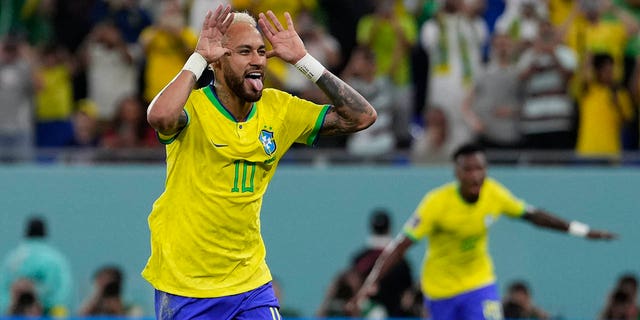 Brazil's Neymar celebrates after scoring during the World Cup Round of 16 match against South Korea at Education City Stadium in Al Rayyan, Qatar, Dec. 5, 2022.