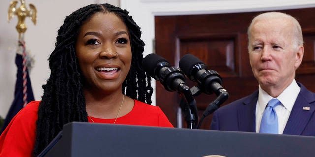 Cherelle Griner (L), wife of Olympian and WNBA player Brittney Griner, speaks after U.S. President Joe Biden announced her release from Russian custody, at the White House on December 08, 2022 in Washington, DC. 