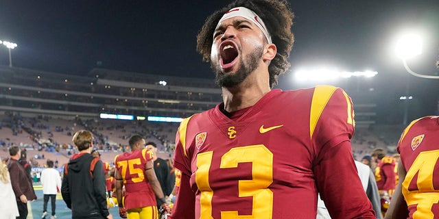 Southern California quarterback Caleb Williams (13) celebrates after USC defeated UCLA 48-45 Nov. 19, 2022, in Pasadena, Calif.