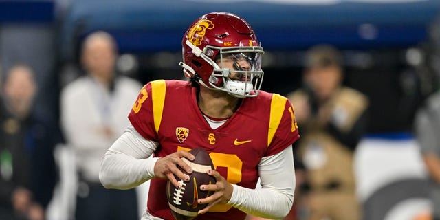 Caleb Williams of the USC Trojans stands in the pocket during the third quarter of the PAC-12 championship game against the Utah Utes at Allegiant Stadium Dec. 2, 2022, in Las Vegas. The Utah Utes won 47-24.