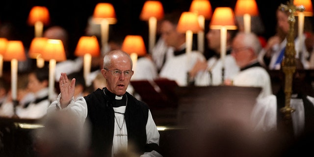 The Archbishop of Canterbury Justin Welby speaks during a service of prayer and reflection for Queen Elizabeth II at St Paul's Cathedral in London on Sept. 9, 2022, a day after her death at the age of 96.