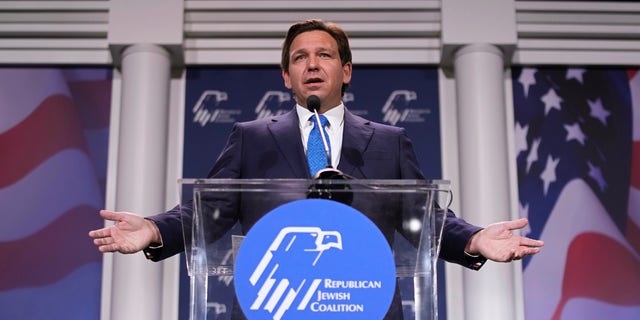 Florida Gov. Ron DeSantis speaks at an annual leadership meeting of the Republican Jewish Coalition Saturday, Nov. 19, 2022, in Las Vegas. (AP Photo/John Locher)