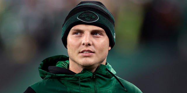 New York Jets quarterback Zach Wilson, #2, reacts against the Chicago Bears during an NFL football game, Nov. 27, 2022, in East Rutherford, New Jersey.