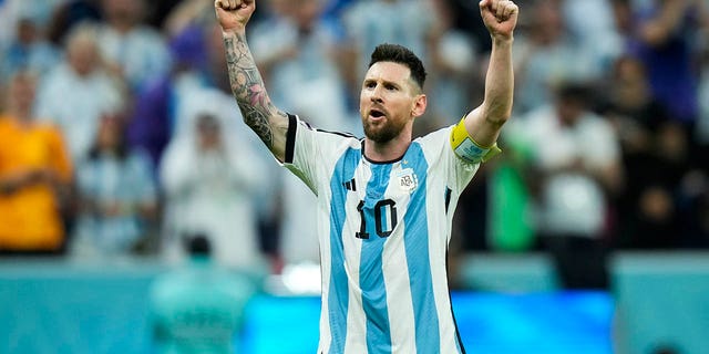 Argentina's Lionel Messi celebrates after scoring Argentina's second goal during the World Cup quarterfinal soccer match between the Netherlands and Argentina, at the Lusail Stadium in Lusail, Qatar, Friday, Dec. 9, 2022. 