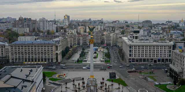 A general view shows Independence Square and the skyline of Kyiv on Oct. 19, 2022, amid Russia's military invasion of Ukraine.