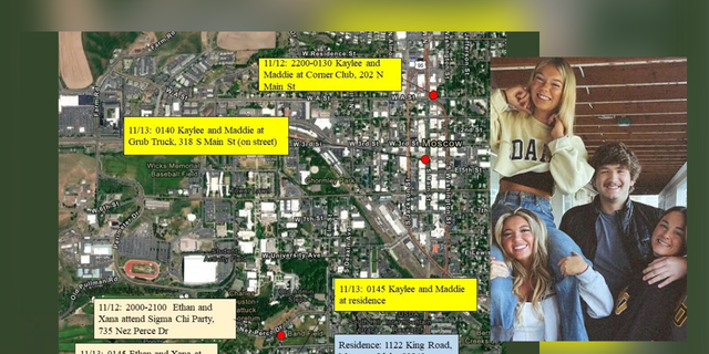 An aerial map released by the Moscow City Police Department Nov. 18 shows the final movements of Ethan Chapin, Madison Mogen, Xana Kernodle, and Kaylee Goncalves before they were brutally slaughtered in their home Nov. 13. 