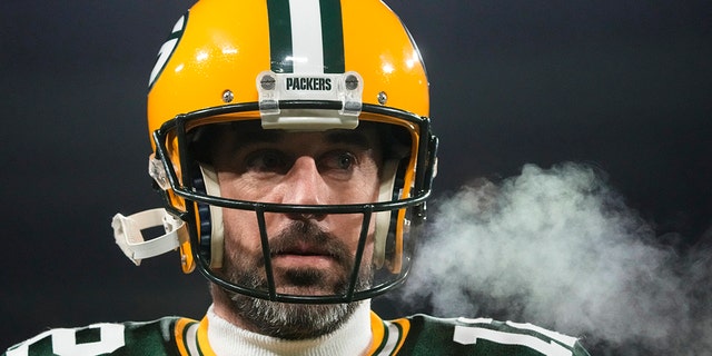 Packers quarterback Aaron Rodgers beforet the Los Angeles Rams game in Green Bay, Wisconsin, on Dec. 19, 2022.