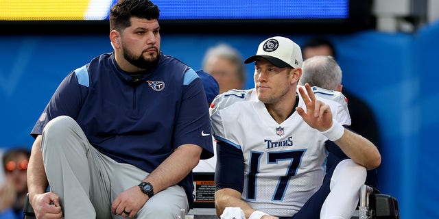 Ryan Tannehill, #17 of the Tennessee Titans, exits the field due to an injury during the first half of the game against the Los Angeles Chargers at SoFi Stadium on December 18, 2022, in Inglewood, California.