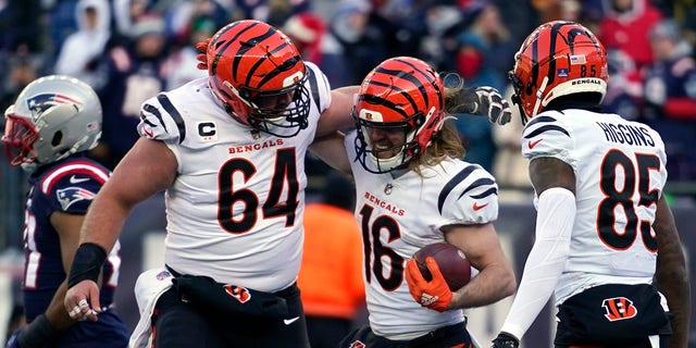 Cincinnati Bengals wide receiver Trenton Irwin (16) celebrates his touchdown with center Ted Karras (64) and wide receiver Tee Higgins (85) during the first half of an NFL football game against the New England Patriots, Saturday, Dec. 24, 2022, in Foxborough, Mass.