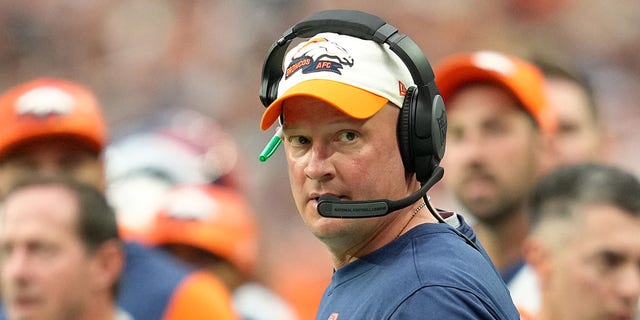 Head coach Nathaniel Hackett of the Denver Broncos looks on in the second quarter against the Las Vegas Raiders at Allegiant Stadium on October 02, 2022, in Las Vegas, Nevada. 