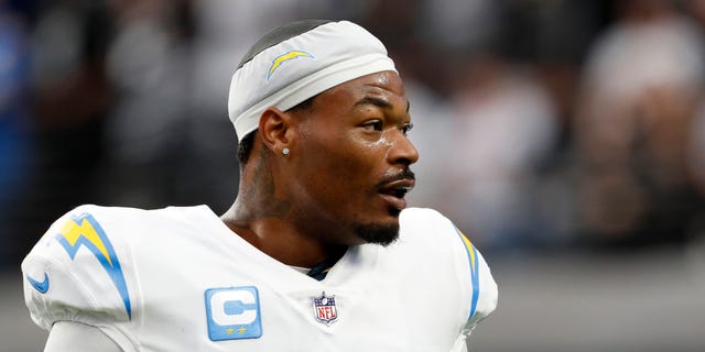 Safety Derwin James Jr. #3 of the Los Angeles Chargers warms up before a game against the Las Vegas Raiders at Allegiant Stadium on December 04, 2022, in Las Vegas, Nevada.