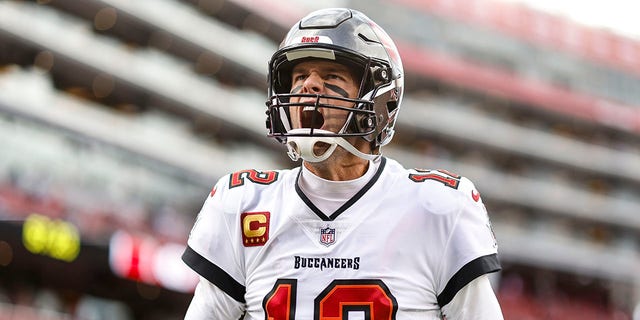 Tom Brady, #12 of the Tampa Bay Buccaneers, reacts prior to an NFL football game between the San Francisco 49ers and the Tampa Bay Buccaneers at Levi's Stadium on Dec. 11, 2022 in Santa Clara, California. 