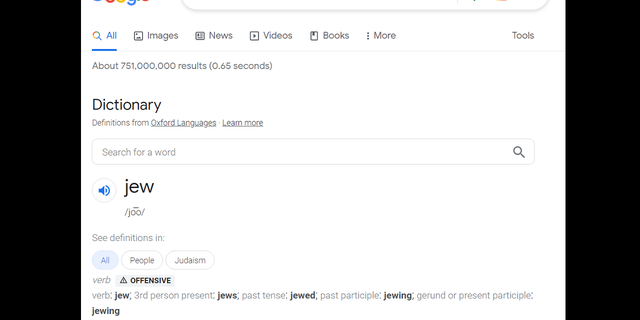 What the Google search engine was temporarily displaying as the top definition for the word "jew."