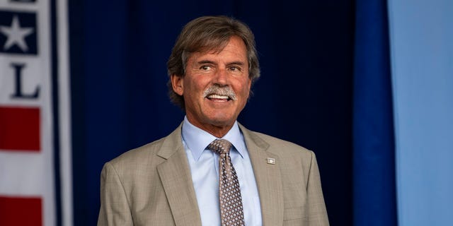 Hall of Fame Dennis Eckersley is introduced during the 2022 Hall of Fame weekend at the National Baseball Hall of Fame on July 24, 2022 in Cooperstown, New York.