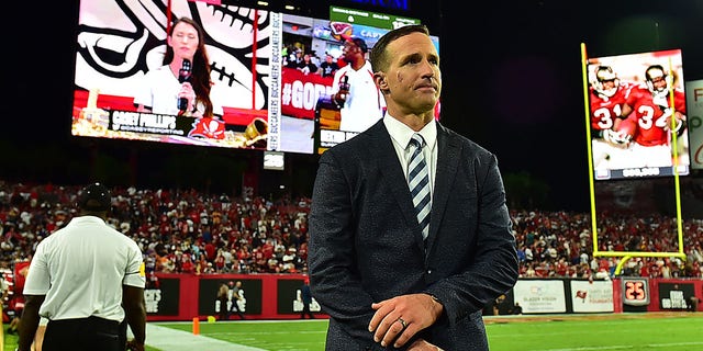 Drew Brees stands on the sideline during a game between the Tampa Bay Buccaneers and the Dallas Cowboys at Raymond James Stadium Sept. 9, 2021, in Tampa, Fla. 