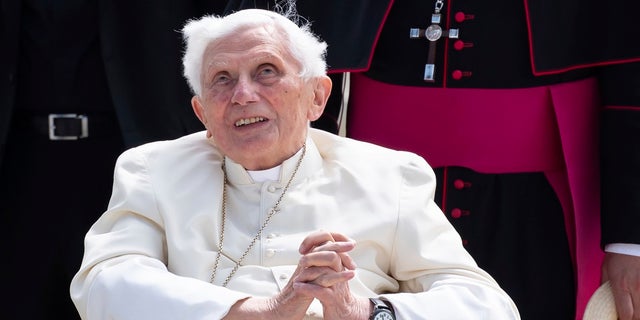 Emeritus Pope Benedict XVI arrives for his departure at Munich Airport in Freising, Germany. 