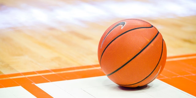 Detail view of Nike basketball on the court.