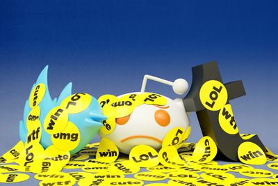 3D versions of the Twitter bird icon, the Reddit alien icon, and the Tumble “T” logo that are covered in circle stickers with the phrases, “lol,” “win,” “omg,” and “wtf” written on them.