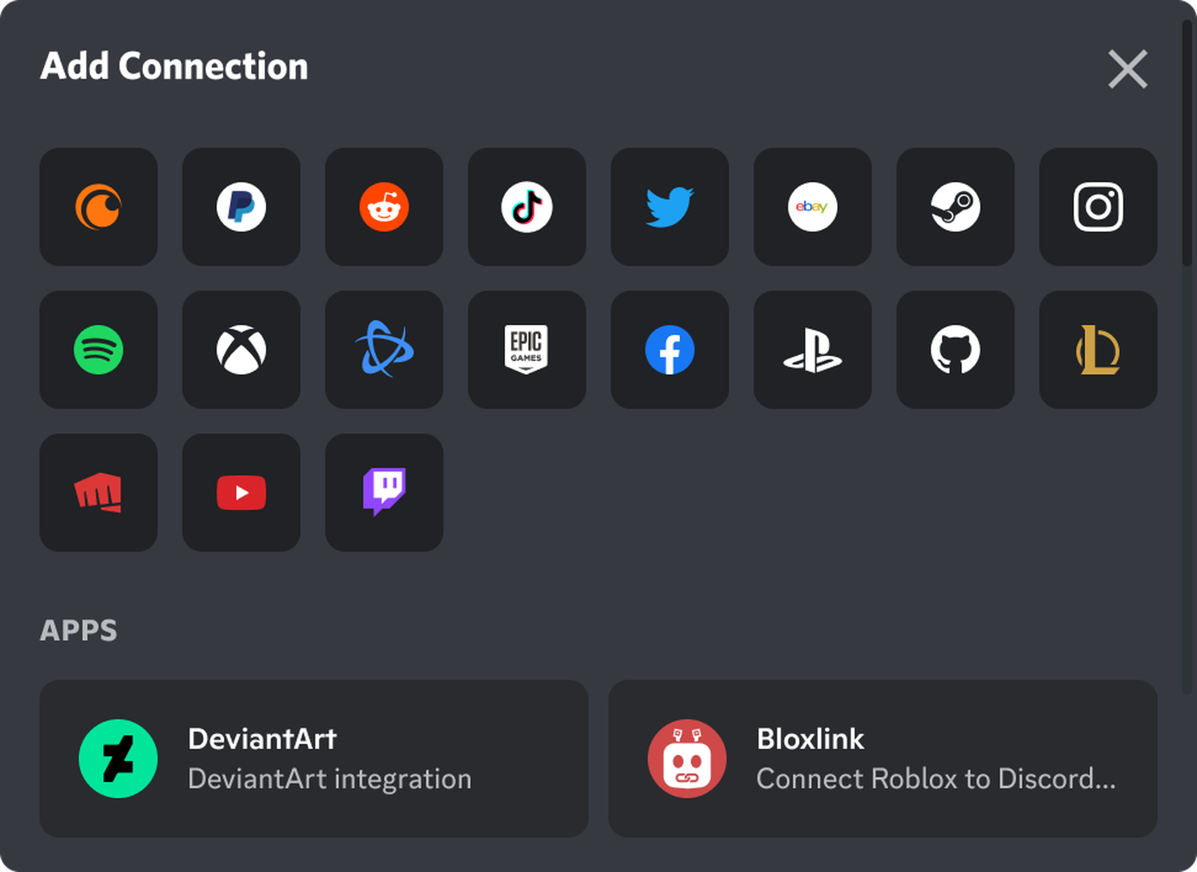 Screenshot of a grid of app icons in the Add Connections screen. The icons include: Crunchyroll, PayPal, Reddit, TikTok, Twitter, eBay, Steam, Instagram, Spotify, Xbox, Battle.net, Epic Games Launcher, Facebook, PlayStation, Github, League of Legends, Riot Games, YouTube, Twitch, DeviantArt, and Bloxlink for Roblox.