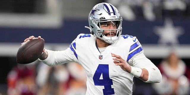 Dallas Cowboys' Dak Prescott throws during the second half of an NFL football game against the Philadelphia Eagles Saturday, Dec. 24, 2022, in Arlington, Texas. 