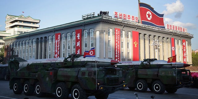 Warheads are paraded during a military parade during celebrations to mark the 70th anniversary of North Korea's Workers' Party in Pyongyang, North Korea.