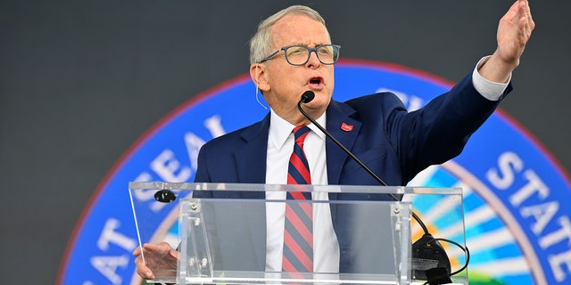 Republican Ohio Gov. Mike DeWine speaks during a press conference, June 2, 2022, in Avon Lake, Ohio.