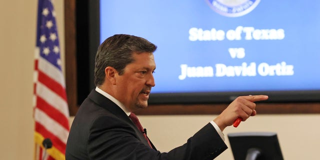 Webb County District Attorney Isidro R. "Chilo" Alaniz presents the closing argument in the capital murder trial of former U.S. Border Patrol supervisor Juan David Ortiz, at the Cadena-Reeves Justice Center in San Antonio, Texas, Wednesday, Dec. 7, 2022.