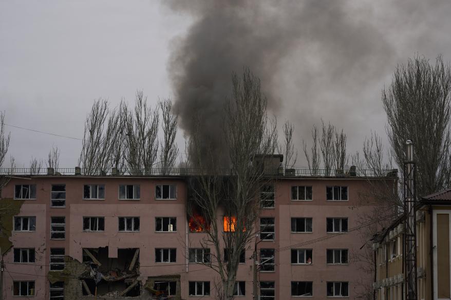 Smoke billows from a building on fire after a Russian attack in Bakhmut, Donetsk