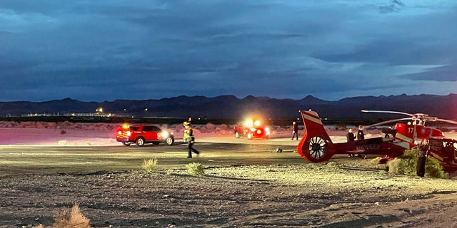 This image provided by Boulder City communications manager Lisa LaPlante shows a Grand Canyon tour helicopter after a Tuesday, Dec. 27, 2022, crash described as a "hard landing" at Boulder City, Nev., Municipal Airport.