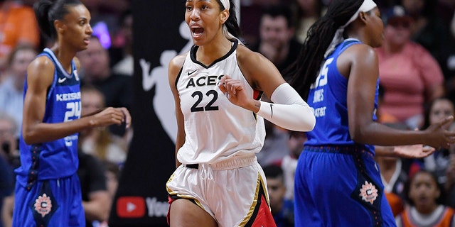 The Las Vegas Aces' A'ja Wilson reacts after she was fouled during the first half of Game 4 of the WNBA Finals against the Connecticut Sun in Uncasville, Conn., on Sept. 18, 2022.