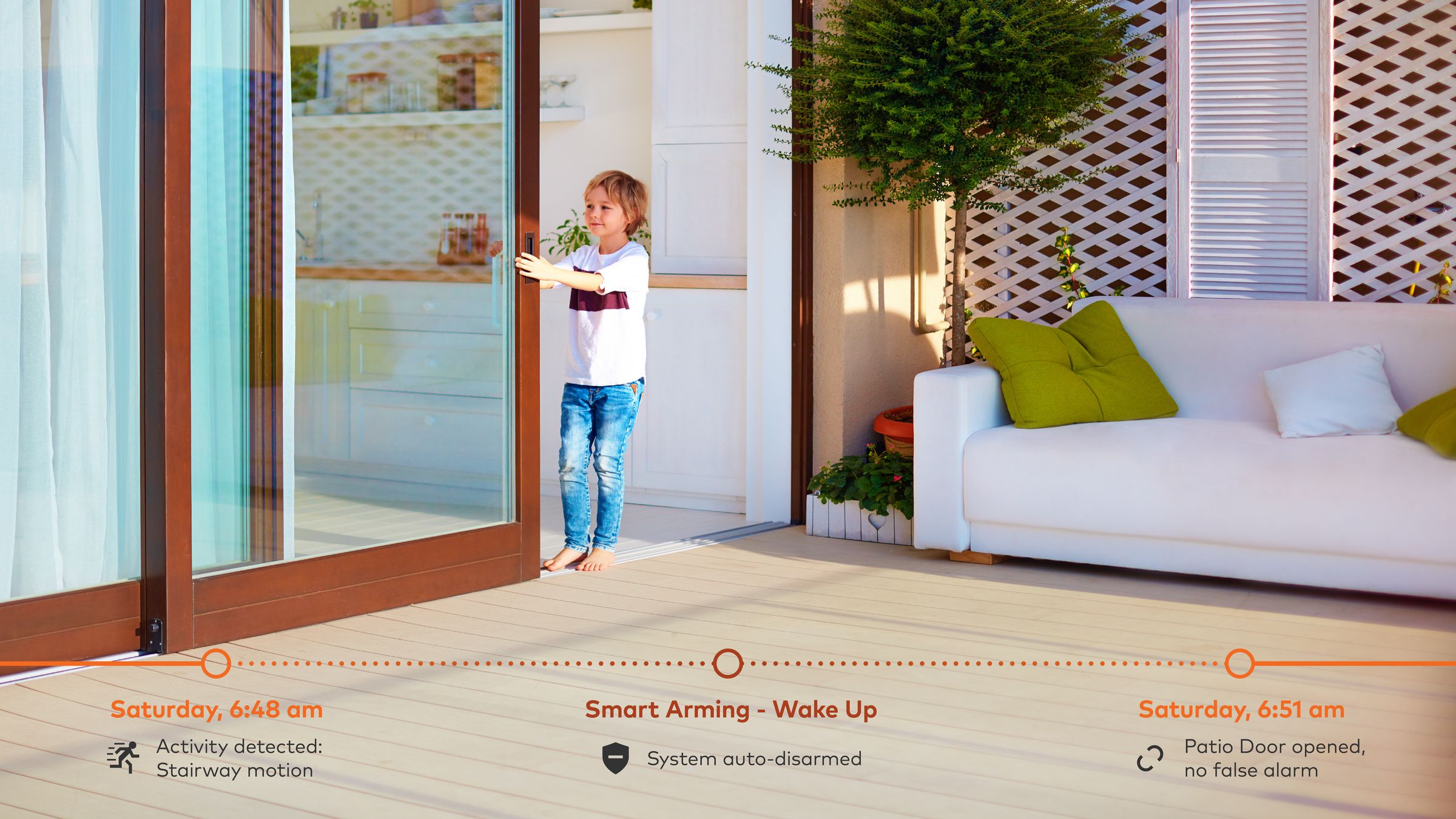 A child going outside through a sliding glass door.