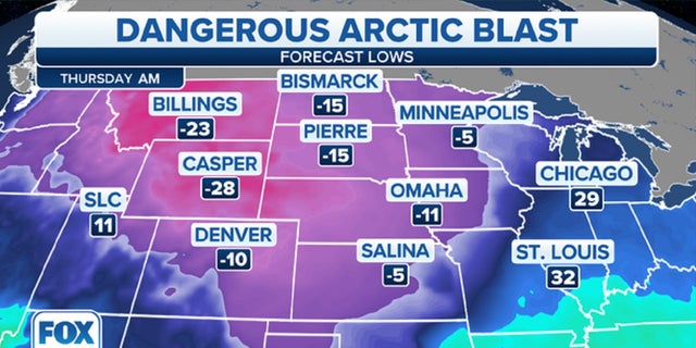 Forecast low temperatures for Thursday, Dec. 22.