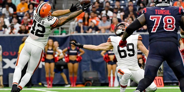 Tony Fields II #42 of the Cleveland Browns intercepts a pass, which he would return for a touchdown, during the fourth quarter against the Houston Texans at NRG Stadium on Dec. 4, 2022 in Houston, Texas.