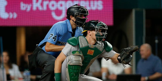 Sean Murphy of the Oakland Athletics gets ready for a pitch against the Texas Rangers at Globe Life Field on July 13, 2022, in Arlington, Texas.