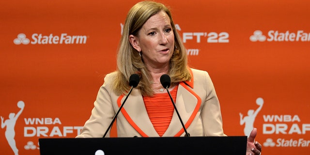 WNBA Commissioner Cathy Engelbert speaks before the WNBA draft April 11, 2022, in New York.