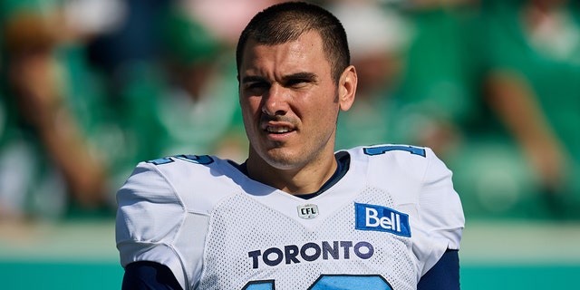 Chad Kelly #12 of the Toronto Argonauts on the field before the game between the Toronto Argonauts and Saskatchewan Roughriders at Mosaic Stadium on July 24, 2022 in Regina, Canada.