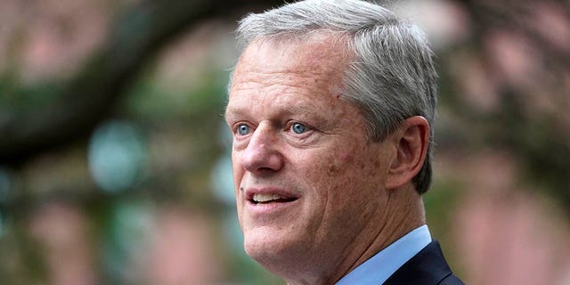 FILE - Massachusetts Gov. Charlie Baker speaks during a Juneteenth commemoration in Boston's Nubian Square, June 18, 2021.