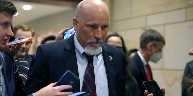 WASHINGTON, DC - NOVEMBER 14: Rep. Chip Roy (R-TX) speaks with reporters as he arrives to a House Republican Caucus meeting at the U.S. Capitol Building on November 14, 2022 in Washington, DC.  (Photo by Anna Moneymaker/Getty Images) 