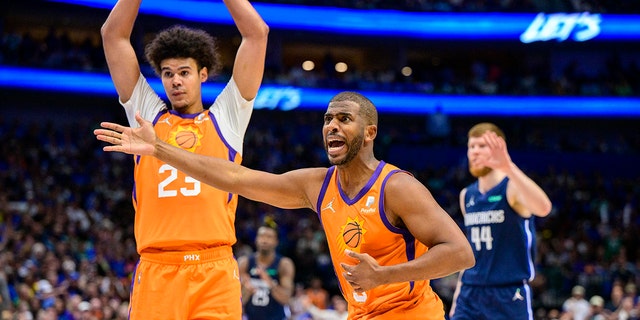 Suns guard Chris Paul reacts to fouling out of the Mavericks game at American Airlines Center in Dallas on May 8, 2022.