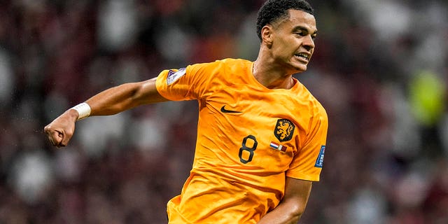 Cody Gakpo of the Netherlands celebrates after scoring his side's opening goal during the World Cup Group A soccer match between the Netherlands and Qatar, at the Al Bayt Stadium in Al Khor , Qatar, Tuesday, Nov. 29, 2022. 