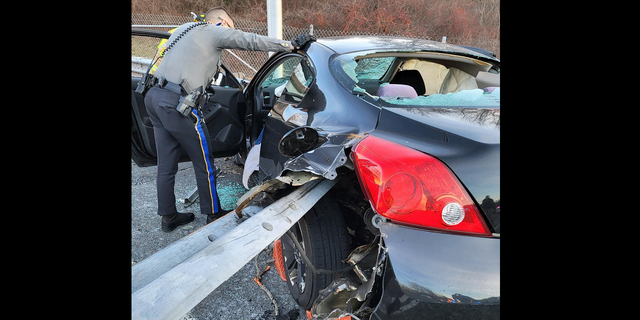 More than 20 feet of guardrail impaled the vehicle.