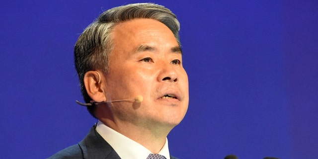 South Korea's Minister of National Defense Lee Jong-sup speaks at the Shangri-La Dialogue summit in Singapore on June 12, 2022. 