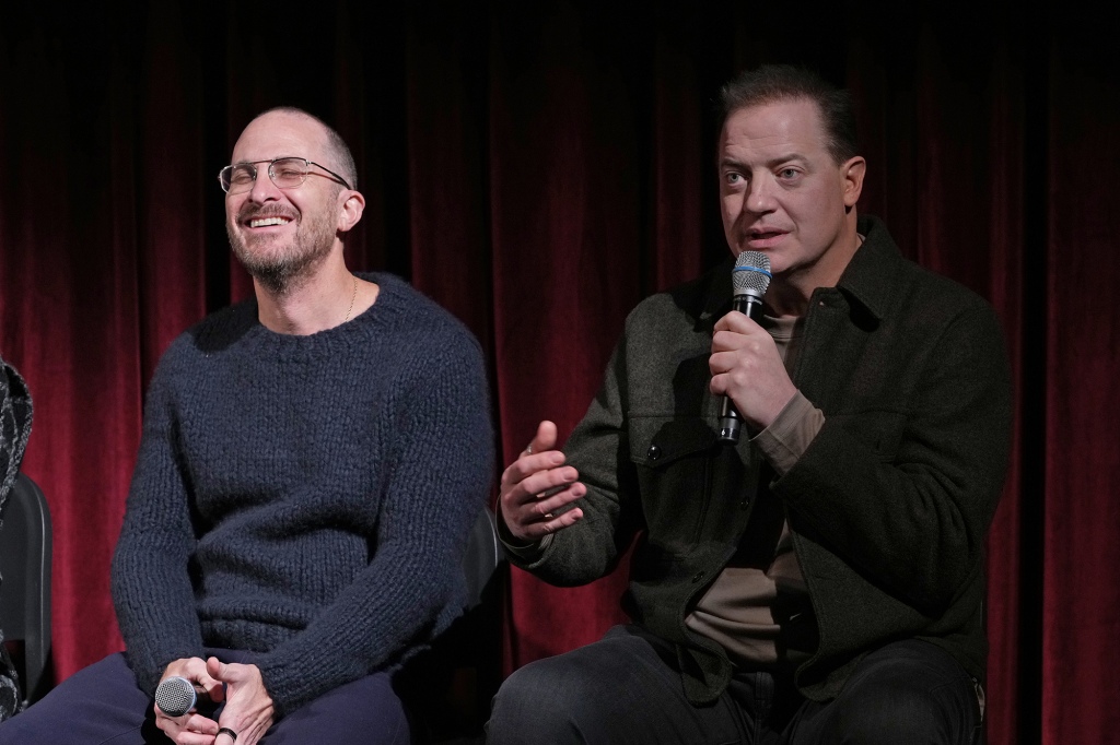 Director Darren Aronofsky  and actor Brendan Fraser attend The Academy of Motion Picture Arts and Sciences New York screening of "The Whale" the  at MOMA - Celeste Bartos Theater on December 01, 2022 in New York City.