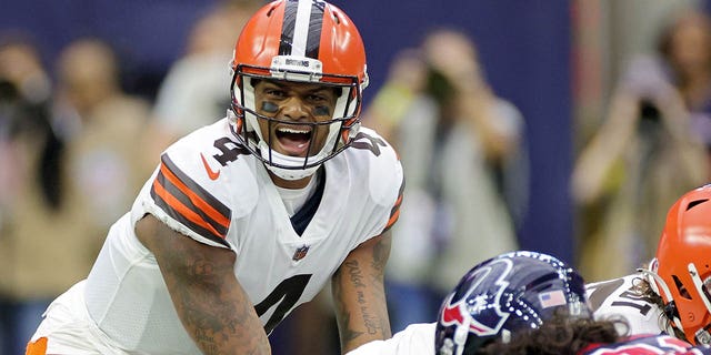 Deshaun Watson of the Cleveland Browns calls a play during the first quarter against the Houston Texans at NRG Stadium on Dec. 4, 2022, in Houston.