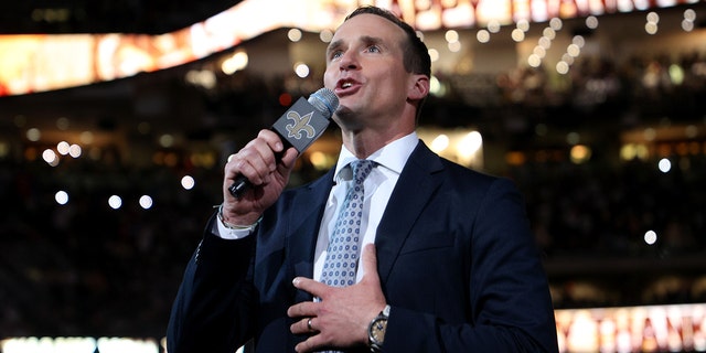 Former New Orleans Saints quarterback Drew Brees speaks to the fans during halftime of the game between the Buffalo Bills and the New Orleans Saints at Caesars Superdome on Nov. 25, 2021 in New Orleans. Brees invested in Major League Pickleball in July 2022. 